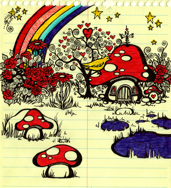 I love this goofy drawing of the smurf village done on the fly in a notebook.